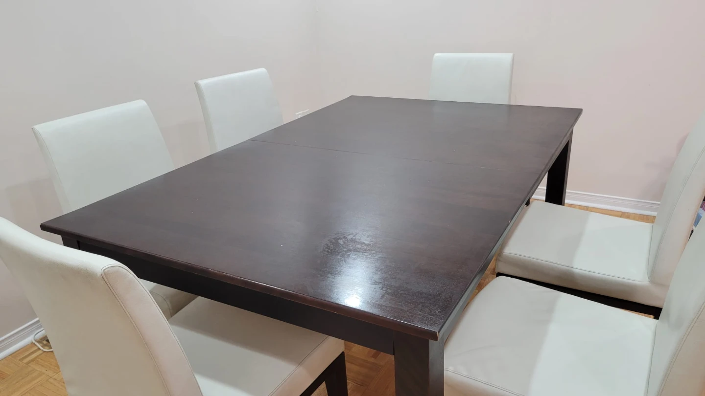 Dark Wood Dining Table with 6 White Chairs