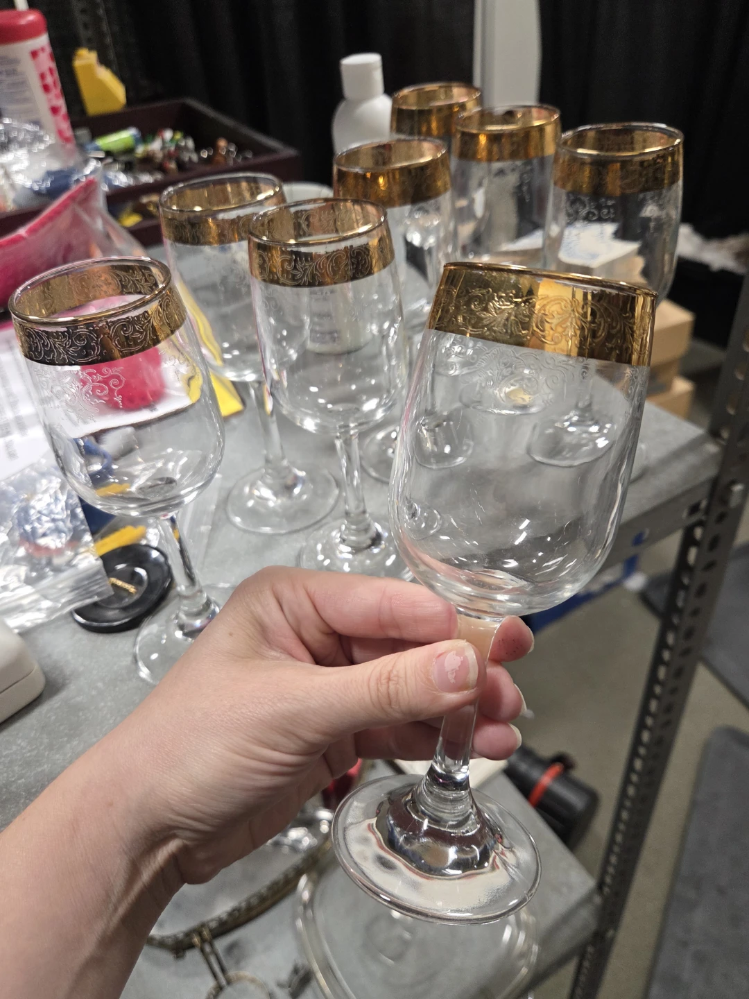 Set of 8 Vintage Wine Glasses with Gold Rim
