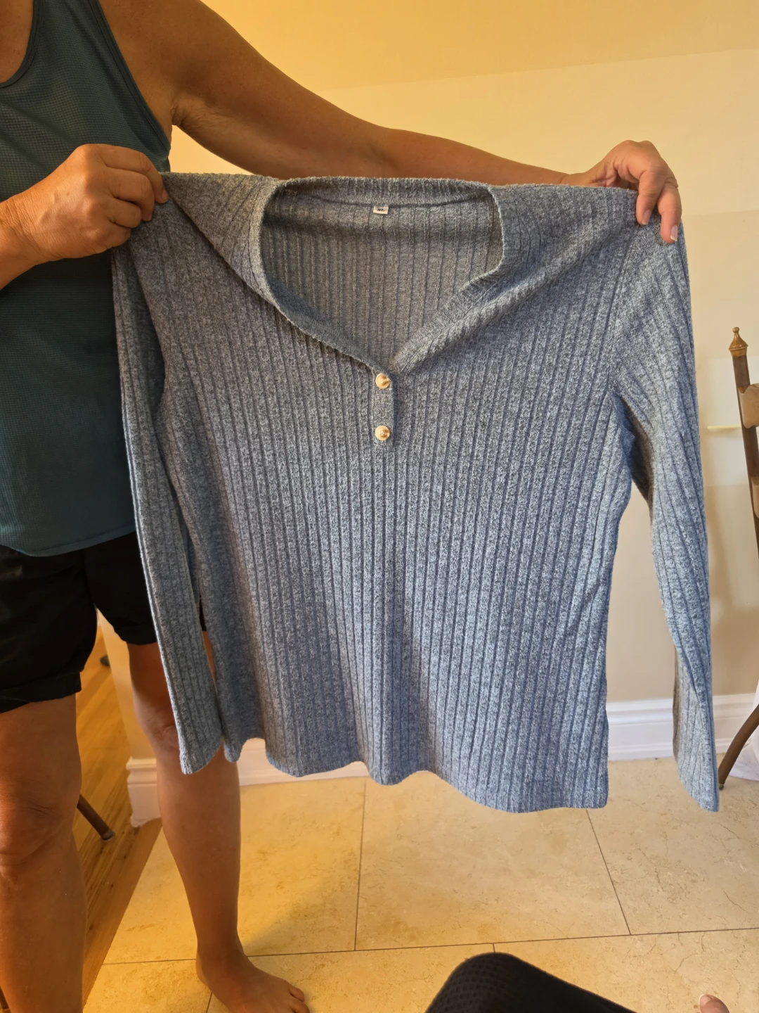 Grey Ribbed Long Sleeve Shirt with Gold Buttons