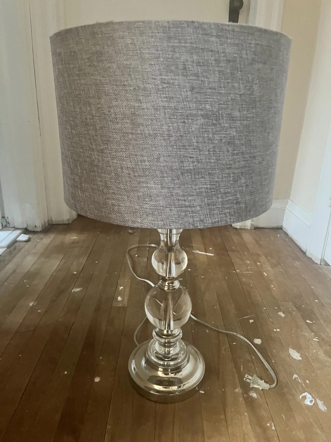 Two Glass Table Lamps with Grey Drum Shade