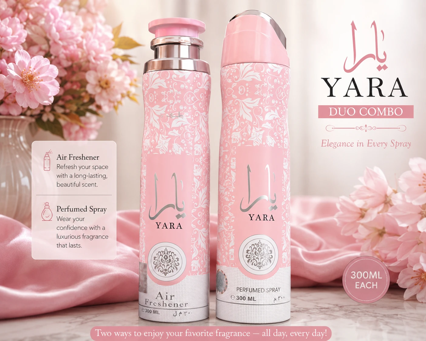 YARA Air Freshener + Perfumed Spray Bundle (300ml Each)
