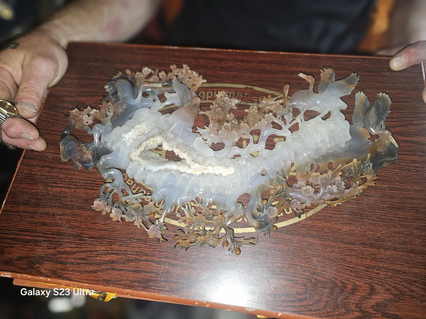 Carved Agate Geode Sculpture with Cranes and Blossoms - photo 3
