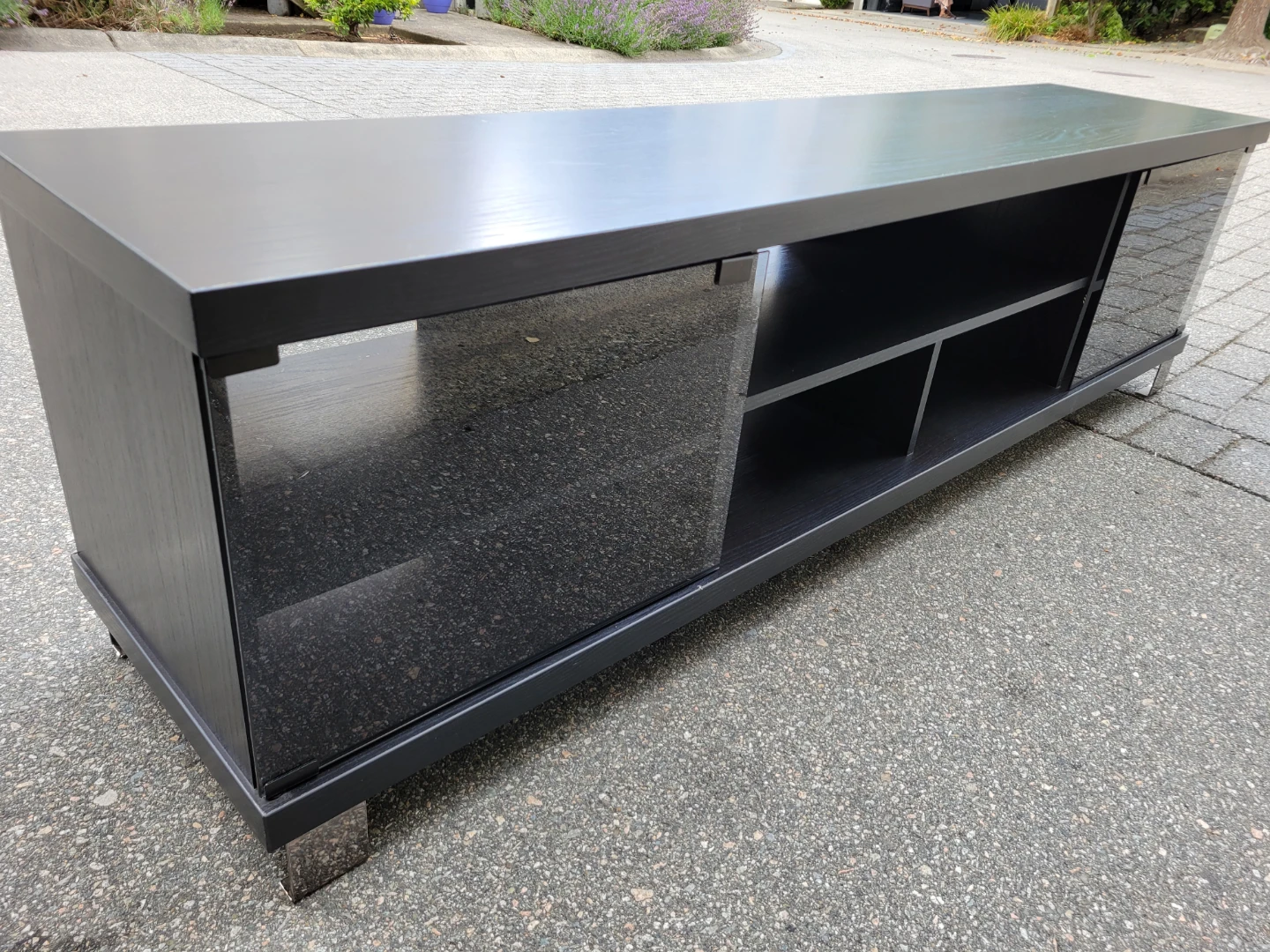 Beautiful Black TV Stand Console with Glass Doors.