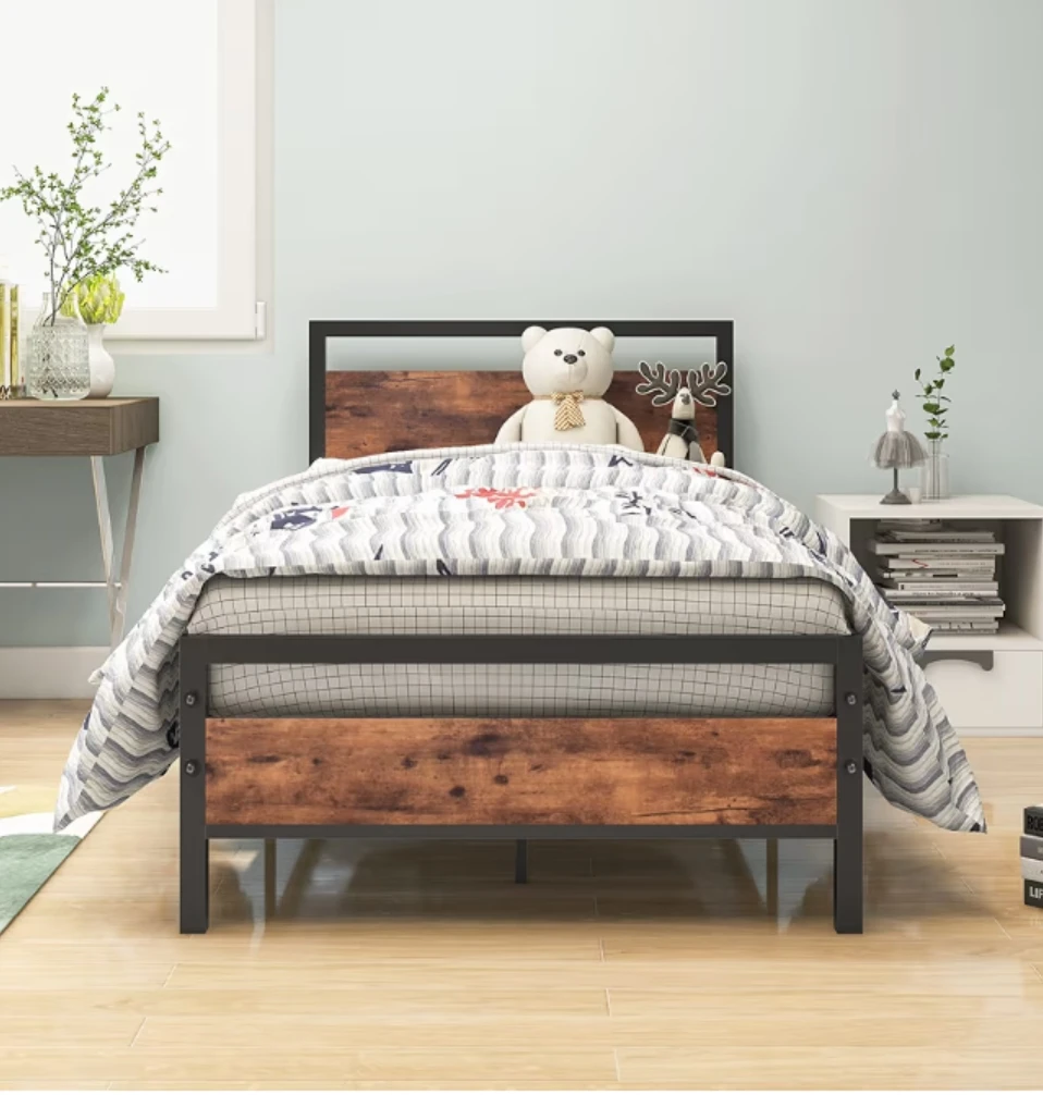 Twin Size Metal Bed Frame with Wood Grain Accents - photo 2