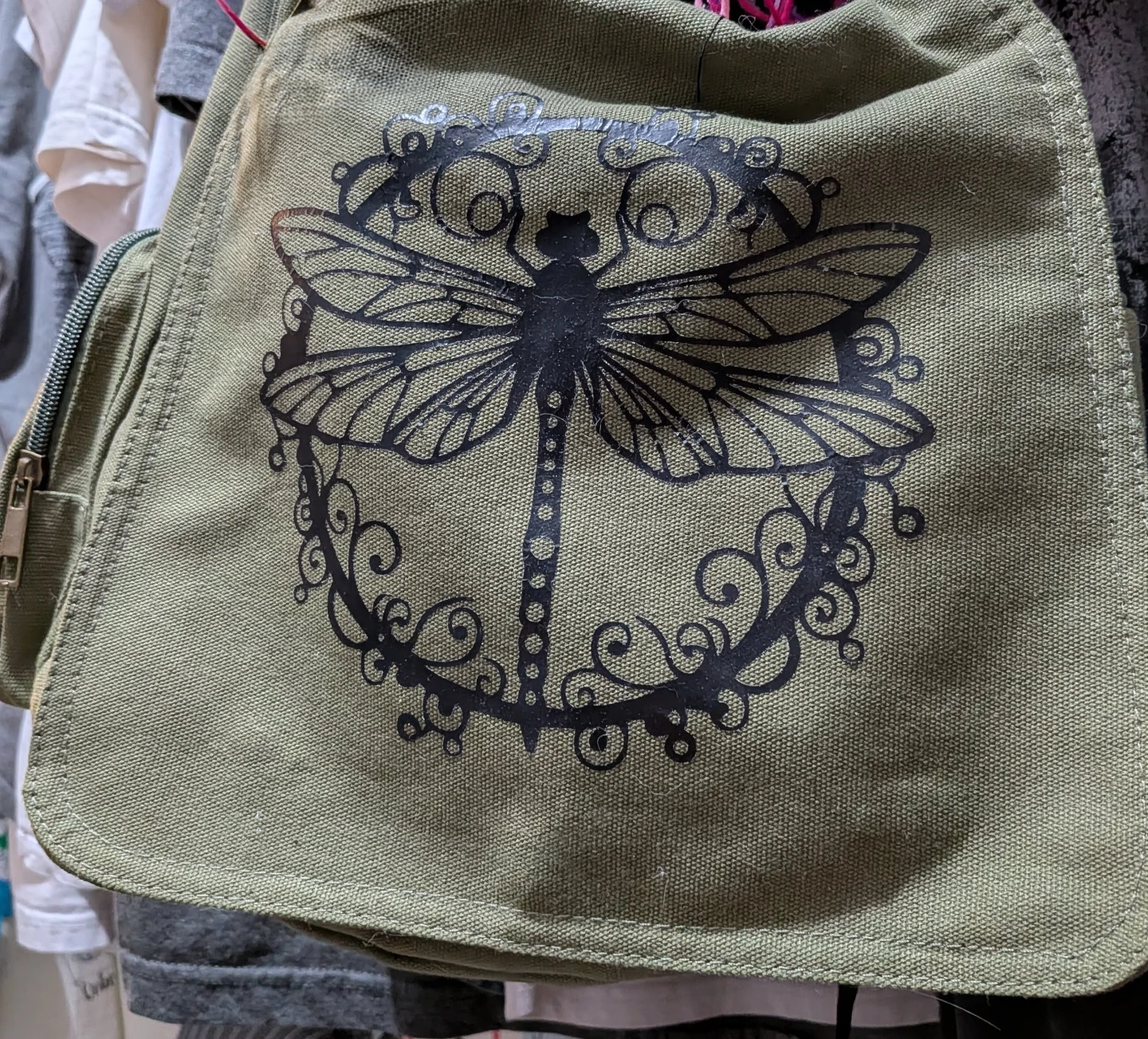 Green Canvas Messenger Bag with Dragonfly Design
