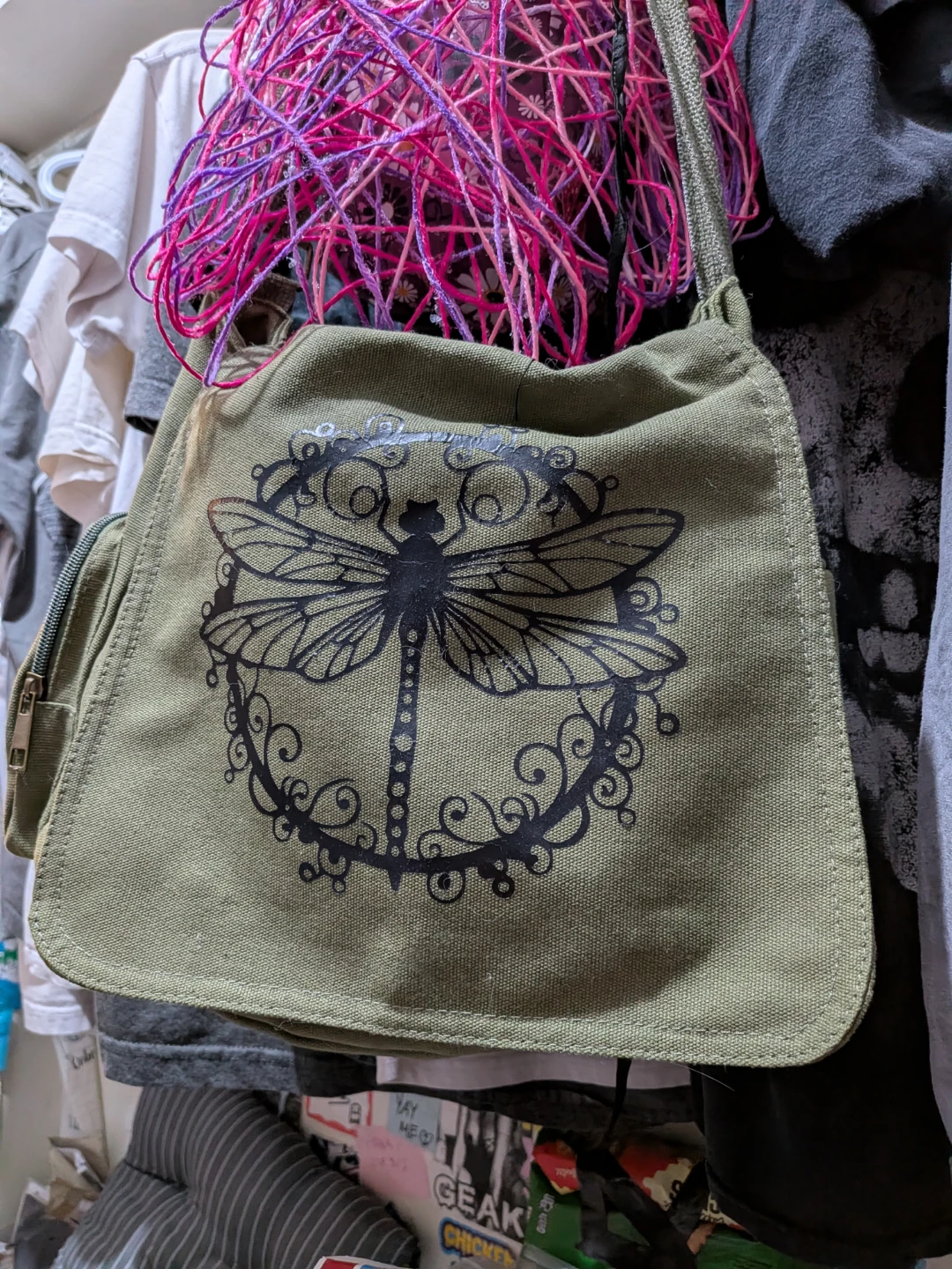 Green Canvas Messenger Bag with Dragonfly Design - photo 2