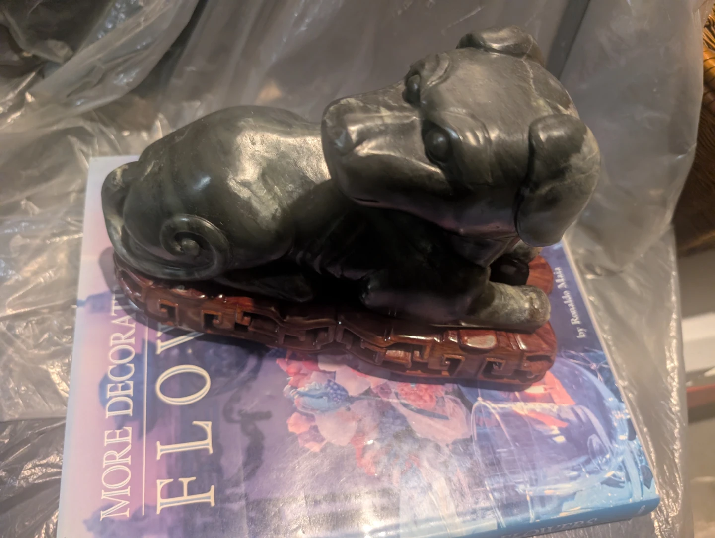 Stone Dog Figurine with Wooden Base
