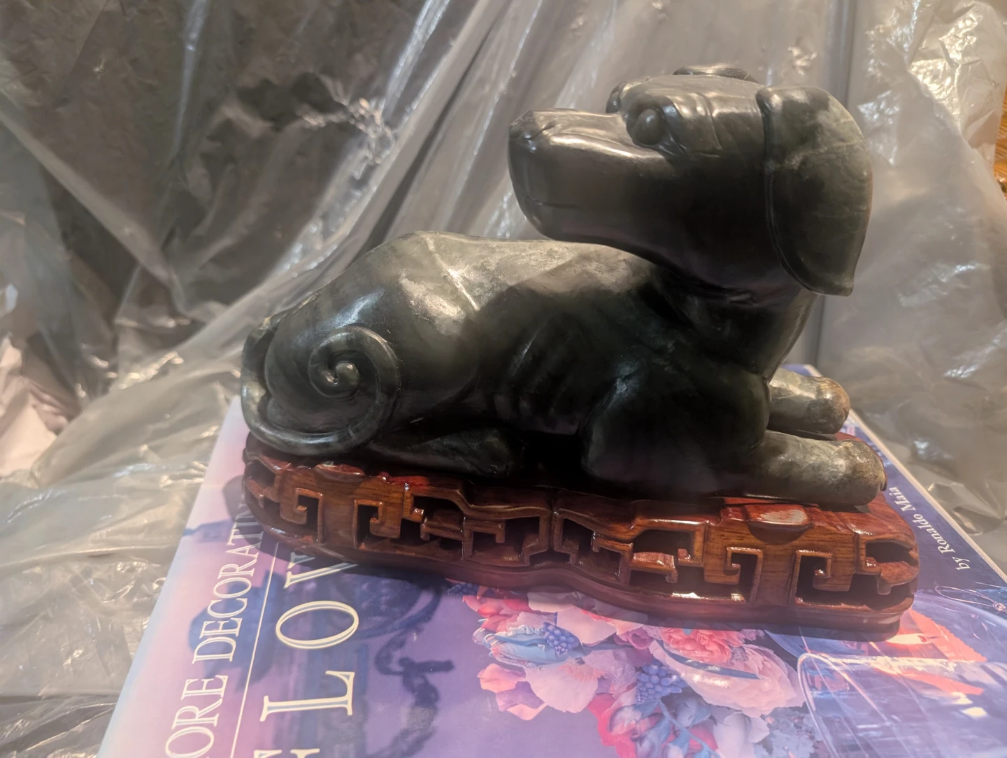 Stone Dog Figurine with Wooden Base - photo 3