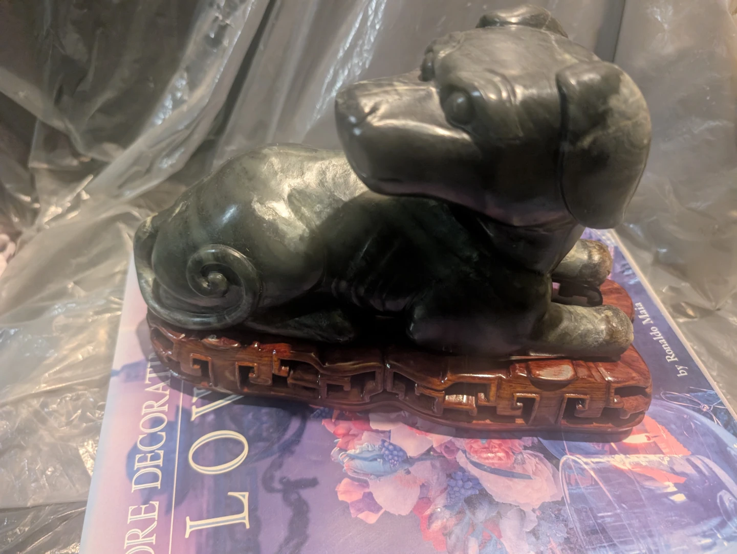 Stone Dog Figurine with Wooden Base - photo 4