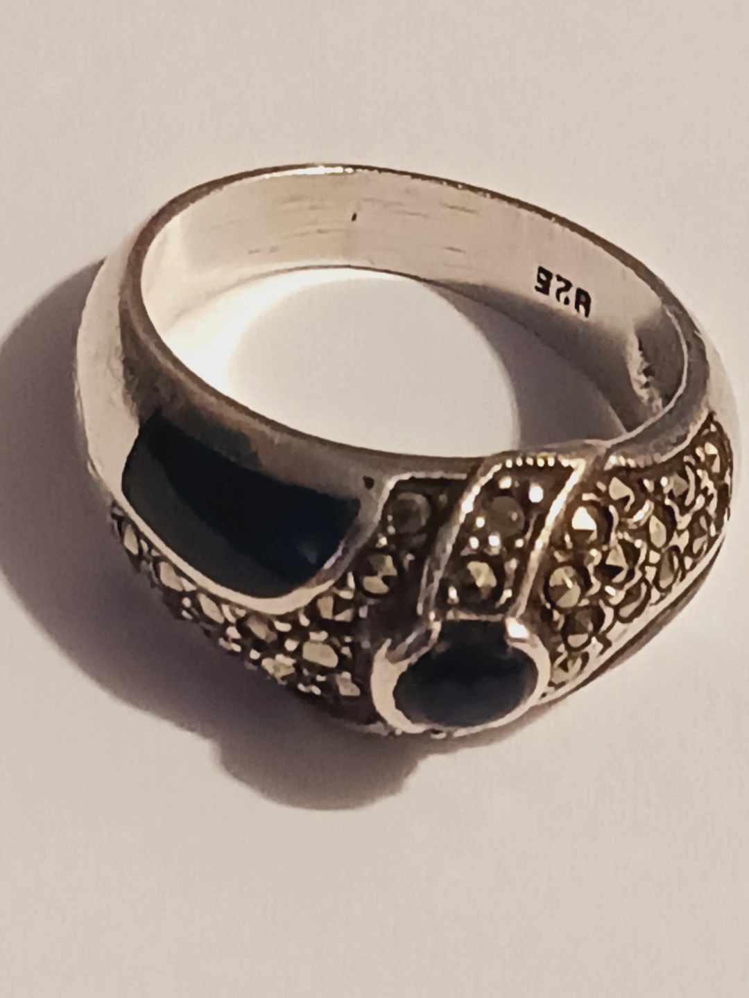 Sterling Silver 925 Marcasite and Onyx Ring.7.
