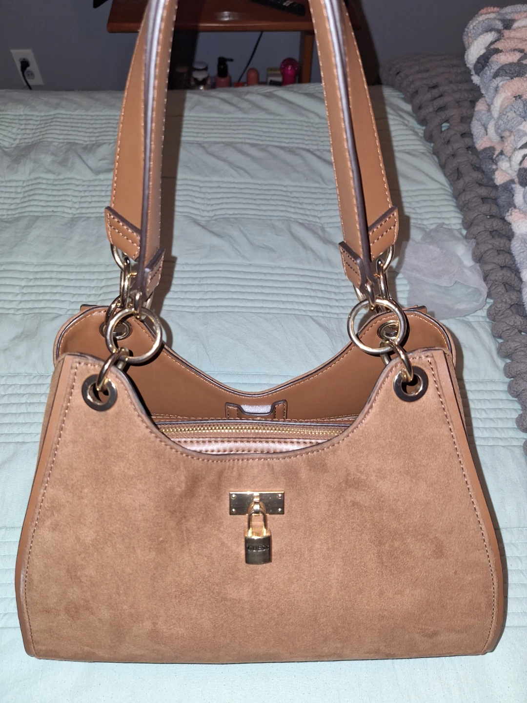 Brown Suede and Faux Leather Handbag