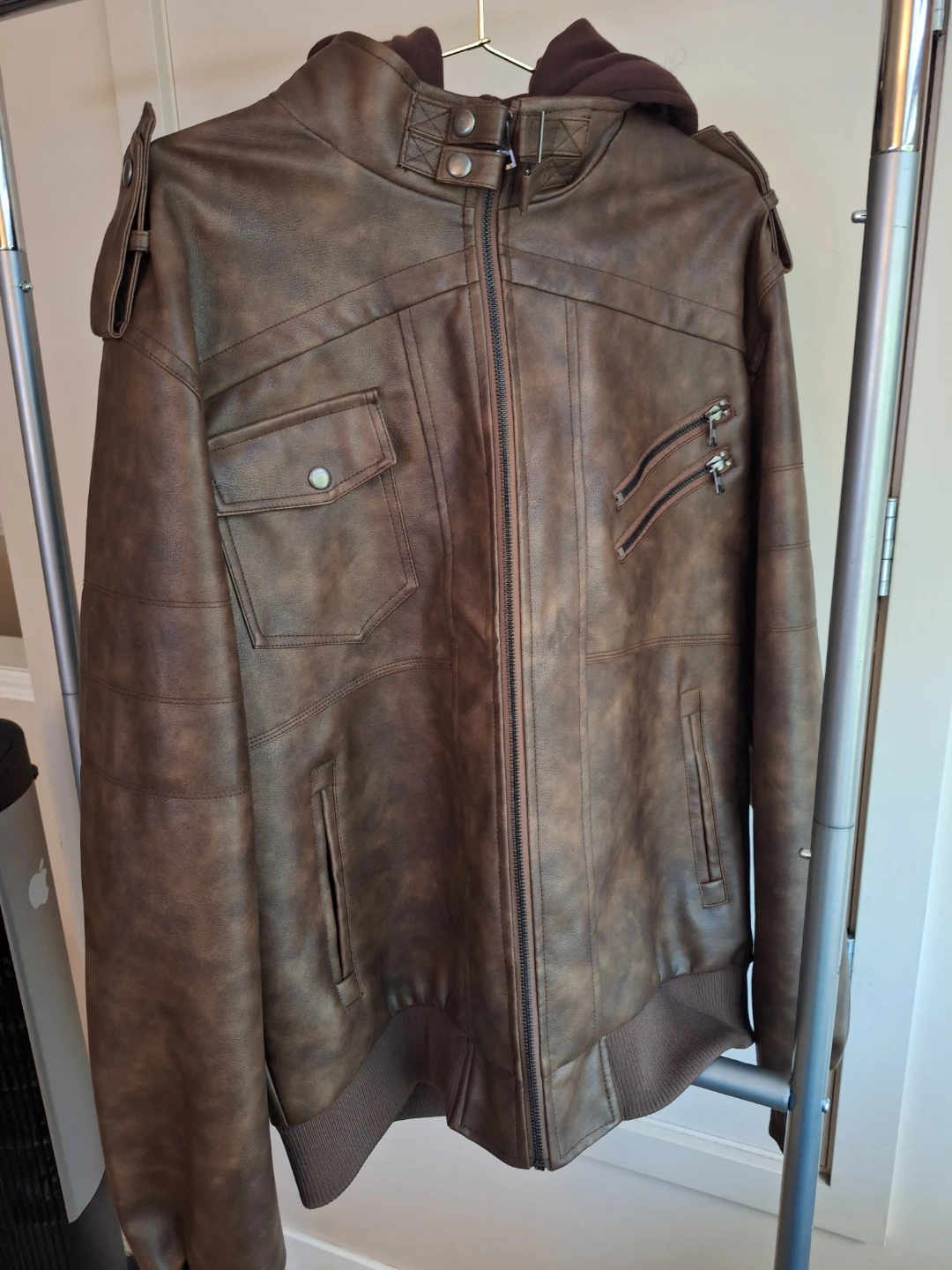 Brown Faux Leather Bomber Jacket