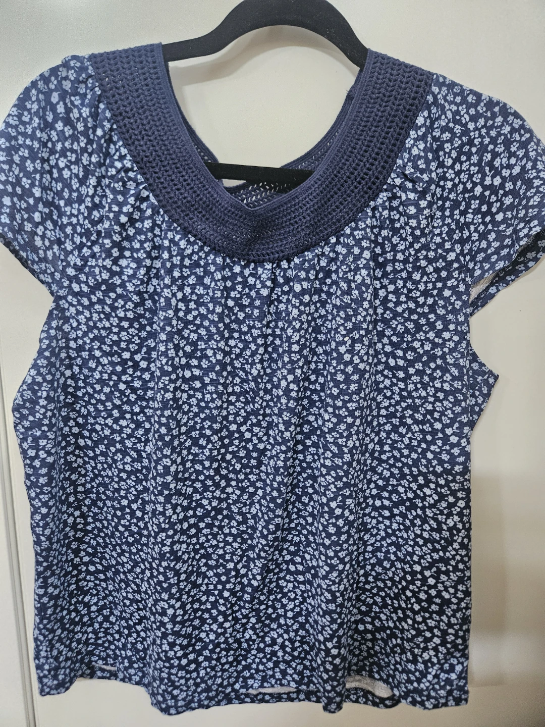 MySTYLE Blue Floral Top with Crochet Neckline - Size M