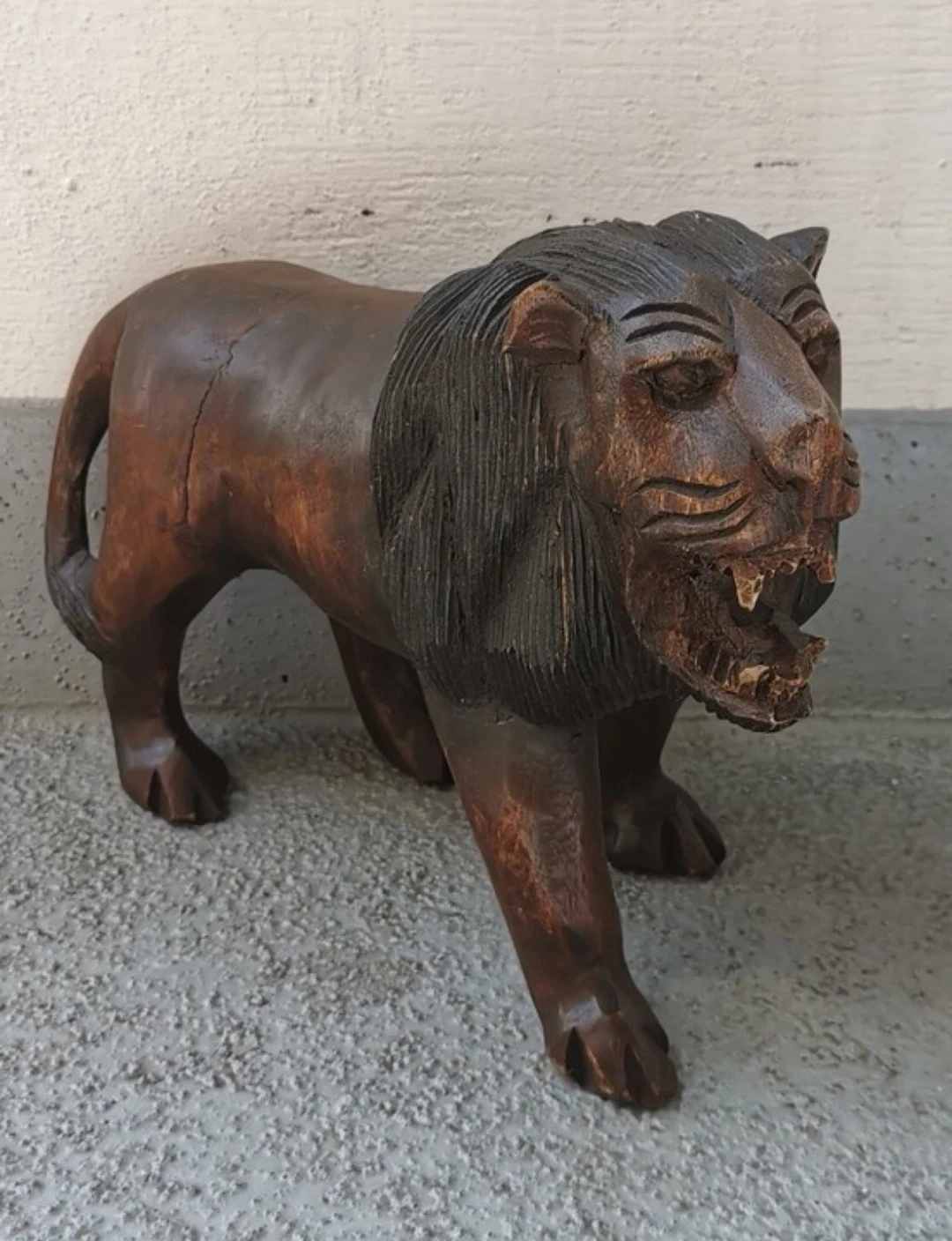 Vintage Hand Carved Wooden Lion Sculpture Large Folk Art Decor