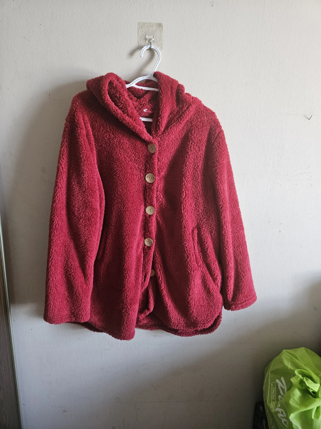 Red Fleece Button-Up Hooded Jacket - photo 3