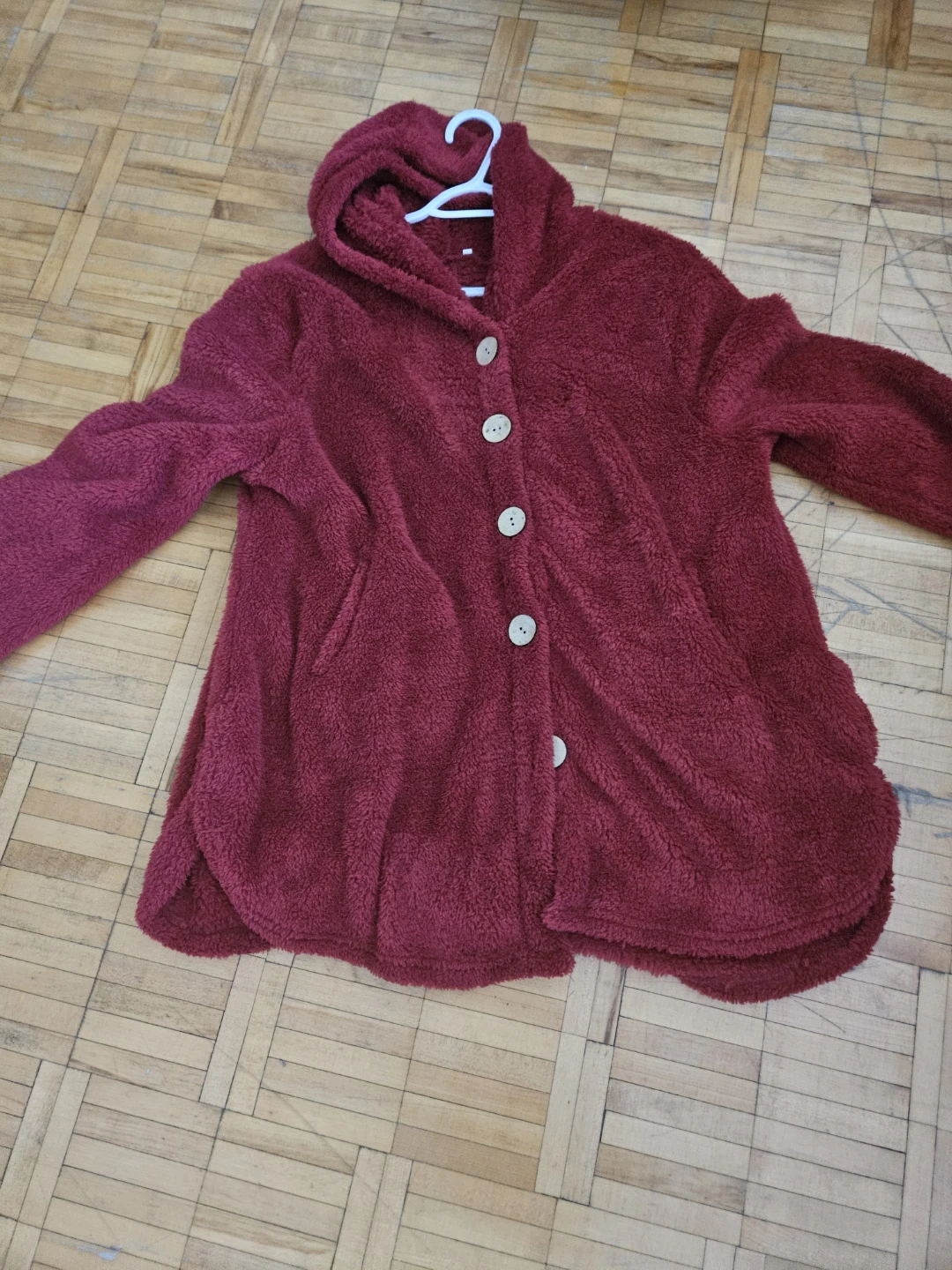 Red Fleece Button-Up Hooded Jacket - photo 4