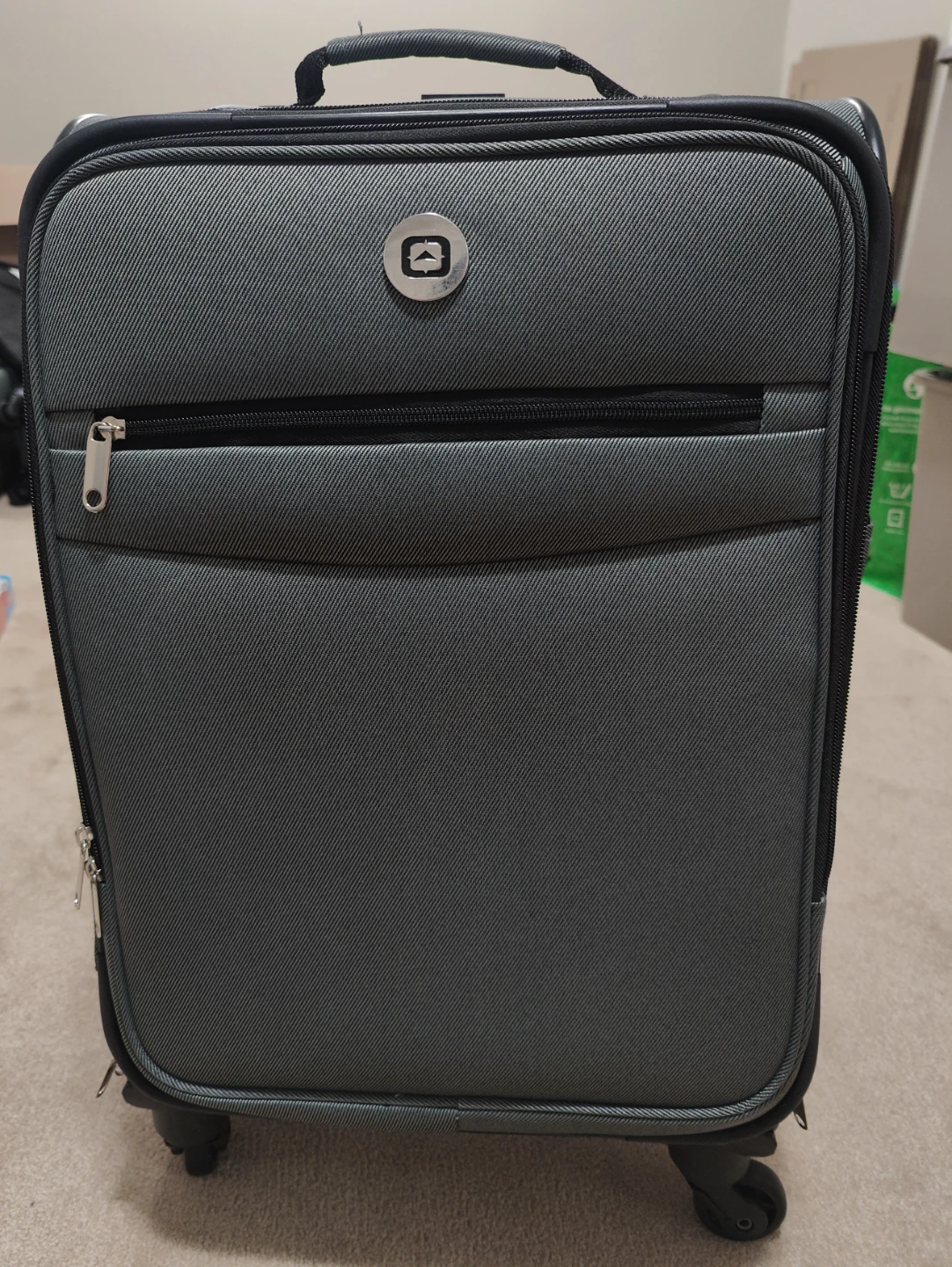 New! Grey Spinner Suitcase with Zipper Pockets
