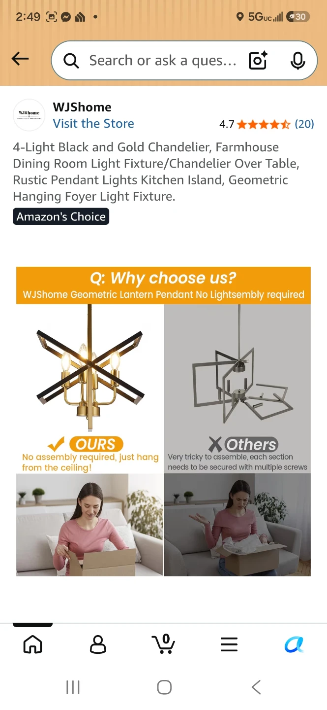 WJshome 4-Light Black and Gold Chandelier - photo 4