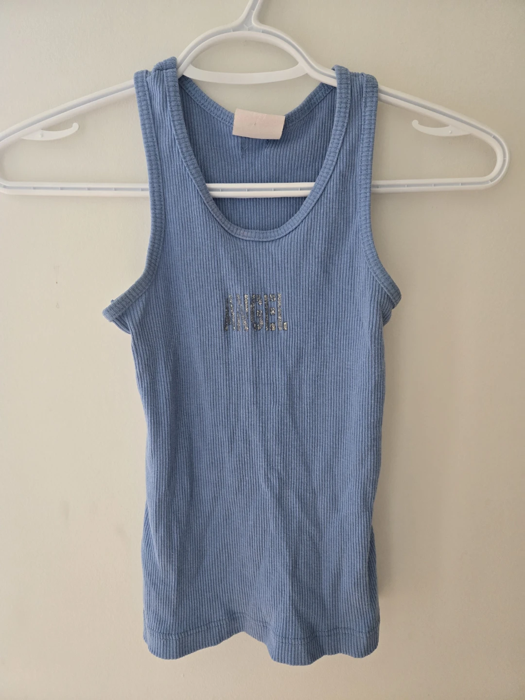 Blue Ribbed Tank Top with Rhinestone Graphic - XXS