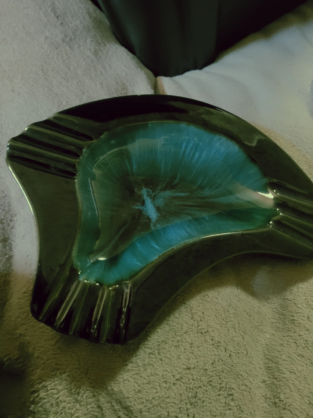 Vintage Ceramic Ashtray - Teal and Green Glaze
