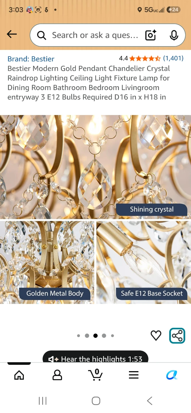 Bestier Modern Gold Crystal Chandelier Pendant Light Fixture - photo 4
