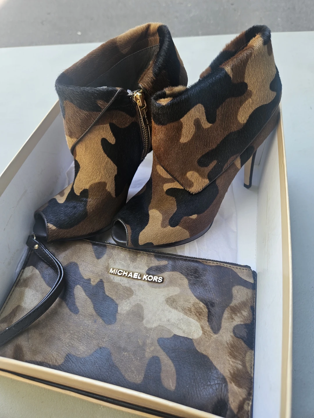 Michael Kors Camo Print Fur Ankle Boots & Clutch Set