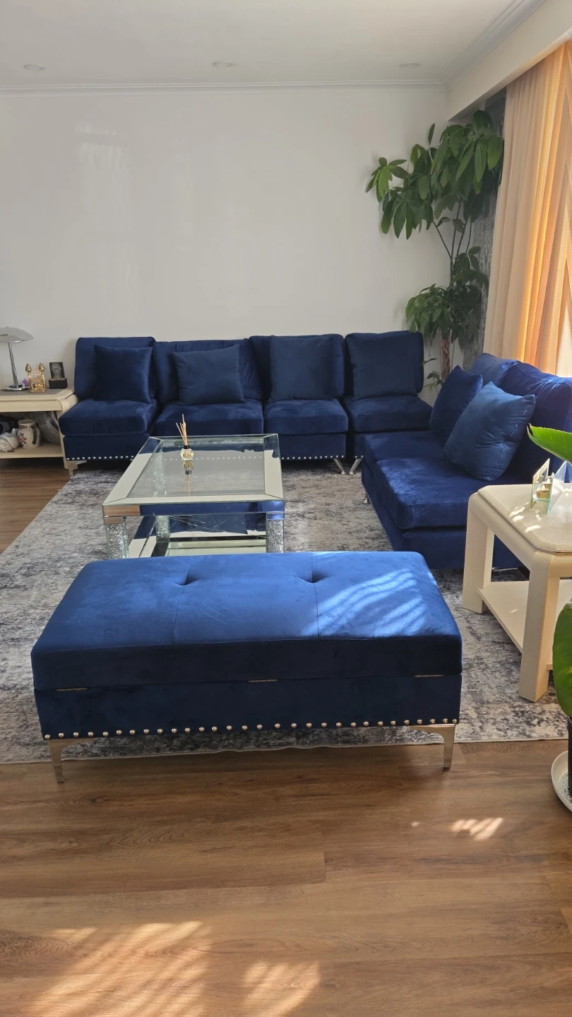 Deep Blue Velvet Sofa and Storage Ottoman