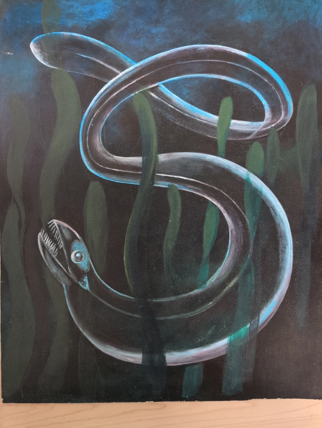 Acrylic Painting of an Eel in Seaweed