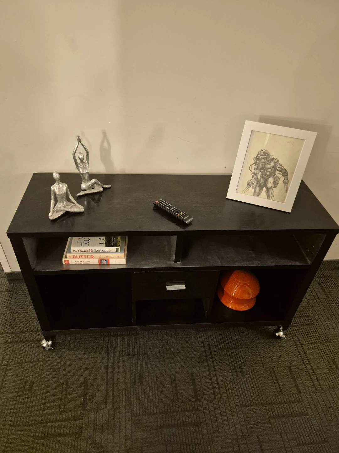 Black Media Console with Drawer and Wheels