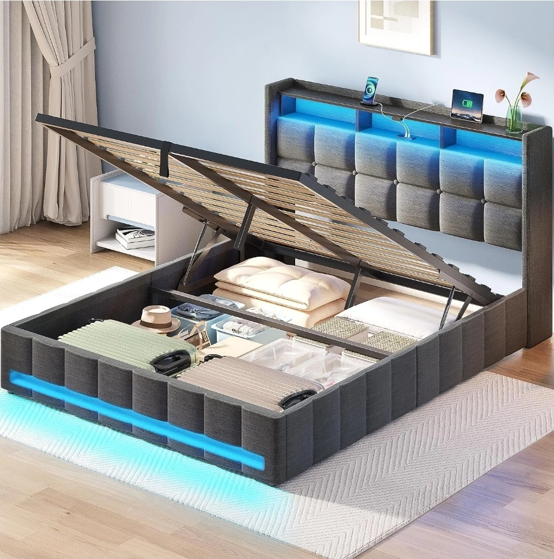 Queen Size Storage Bed Frame with Charging Station & LED Lights