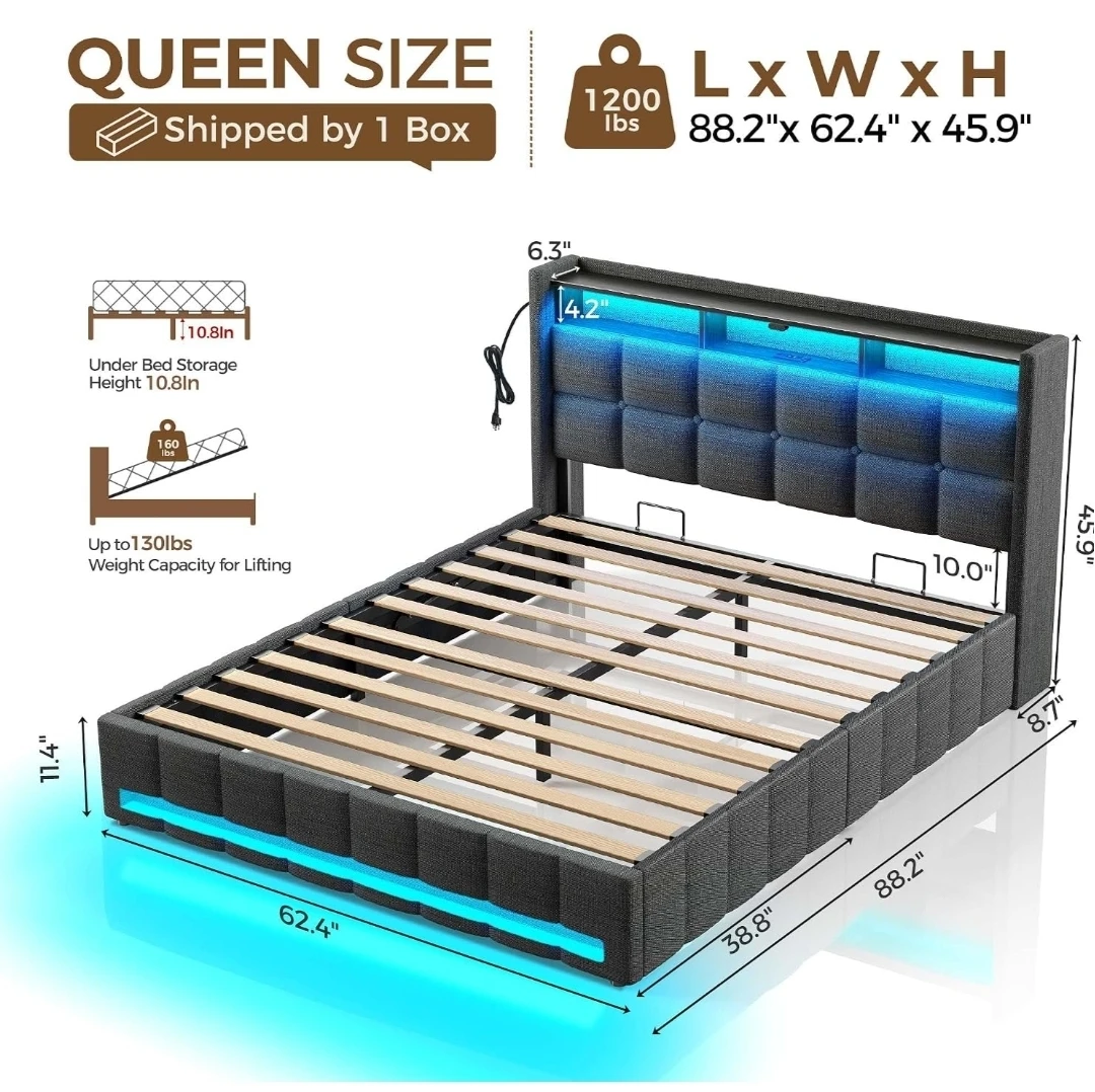 Queen Size Storage Bed Frame with Charging Station & LED Lights - photo 2