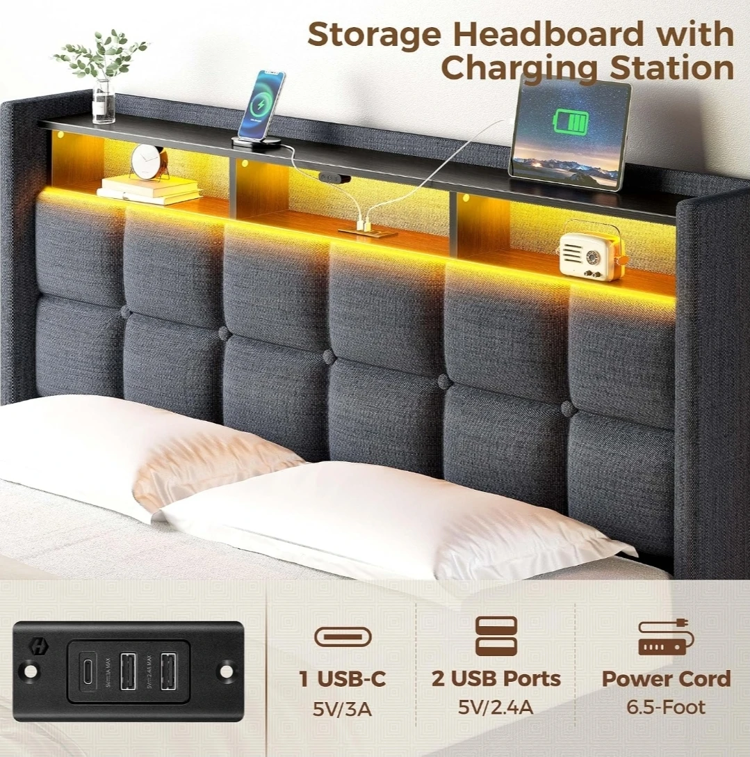Queen Size Storage Bed Frame with Charging Station & LED Lights - photo 3