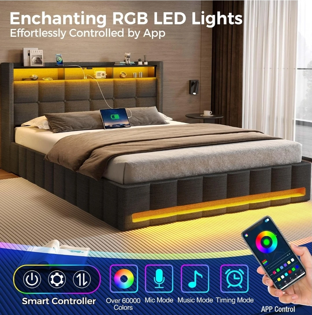 Queen Size Storage Bed Frame with Charging Station & LED Lights - photo 4