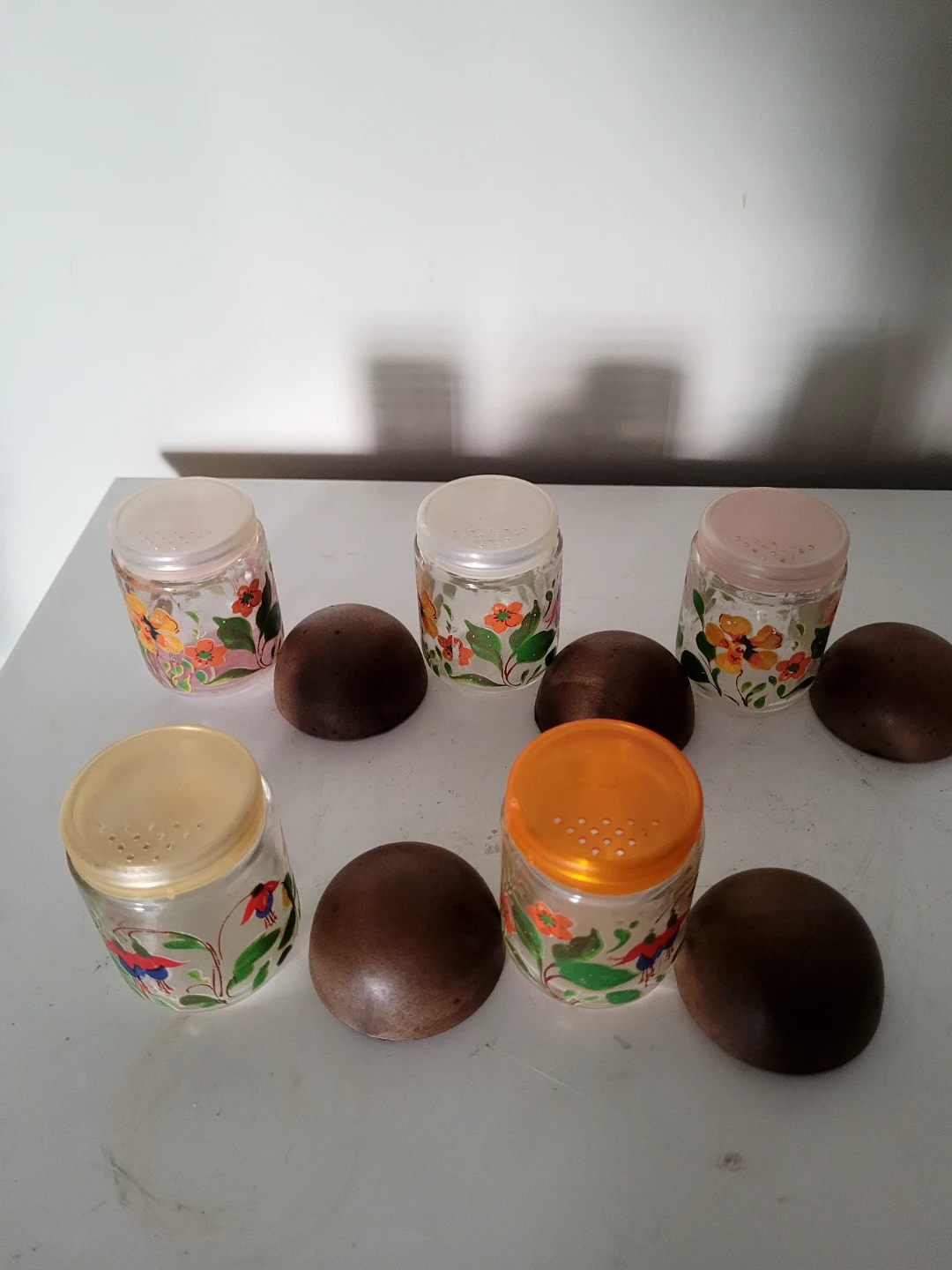 Set of 5 Vintage Glass Spice Jars with Mushroom Lids bingo