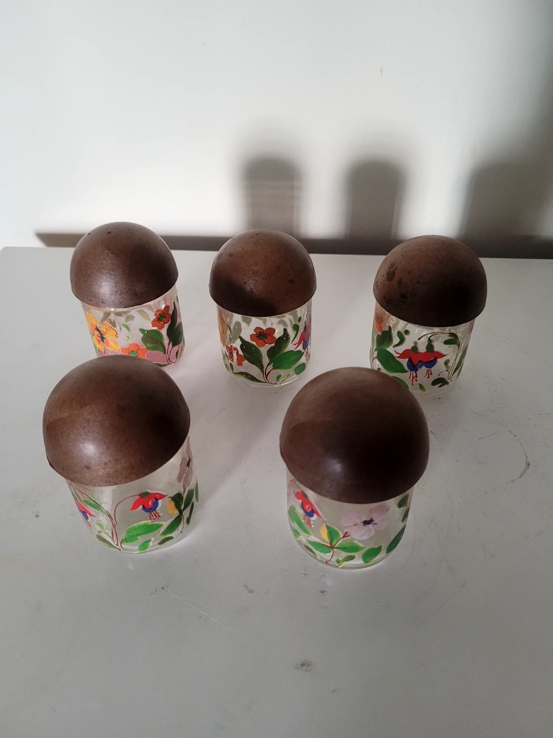 Set of 5 Vintage Glass Spice Jars with Mushroom Lids bingo - photo 2