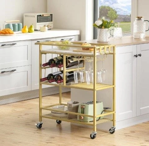Gold Bar Cart with Wine Rack and Glass Holders