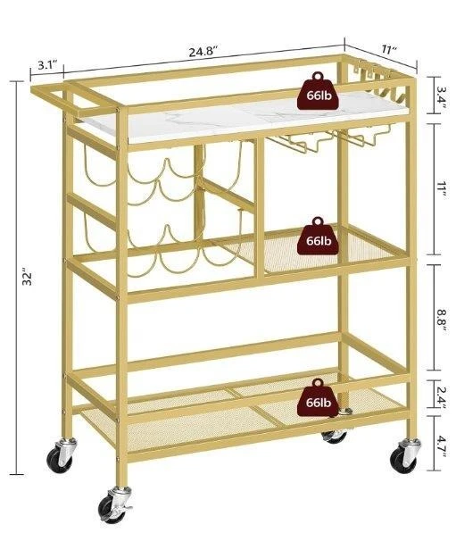 Gold Bar Cart with Wine Rack and Glass Holders - photo 2