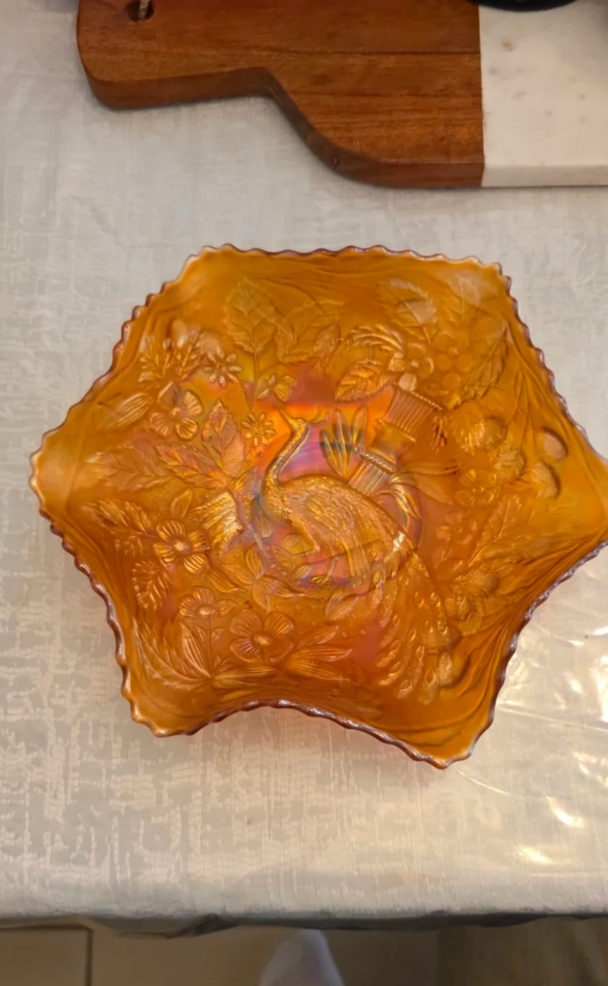 Orange Fenton  Iridescent Glass Bowl with Peacock Design
