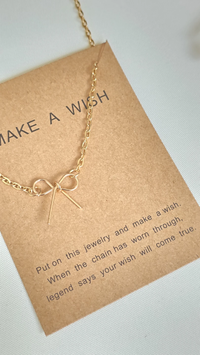 Gold Bow Necklace on "Make a Wish" Card