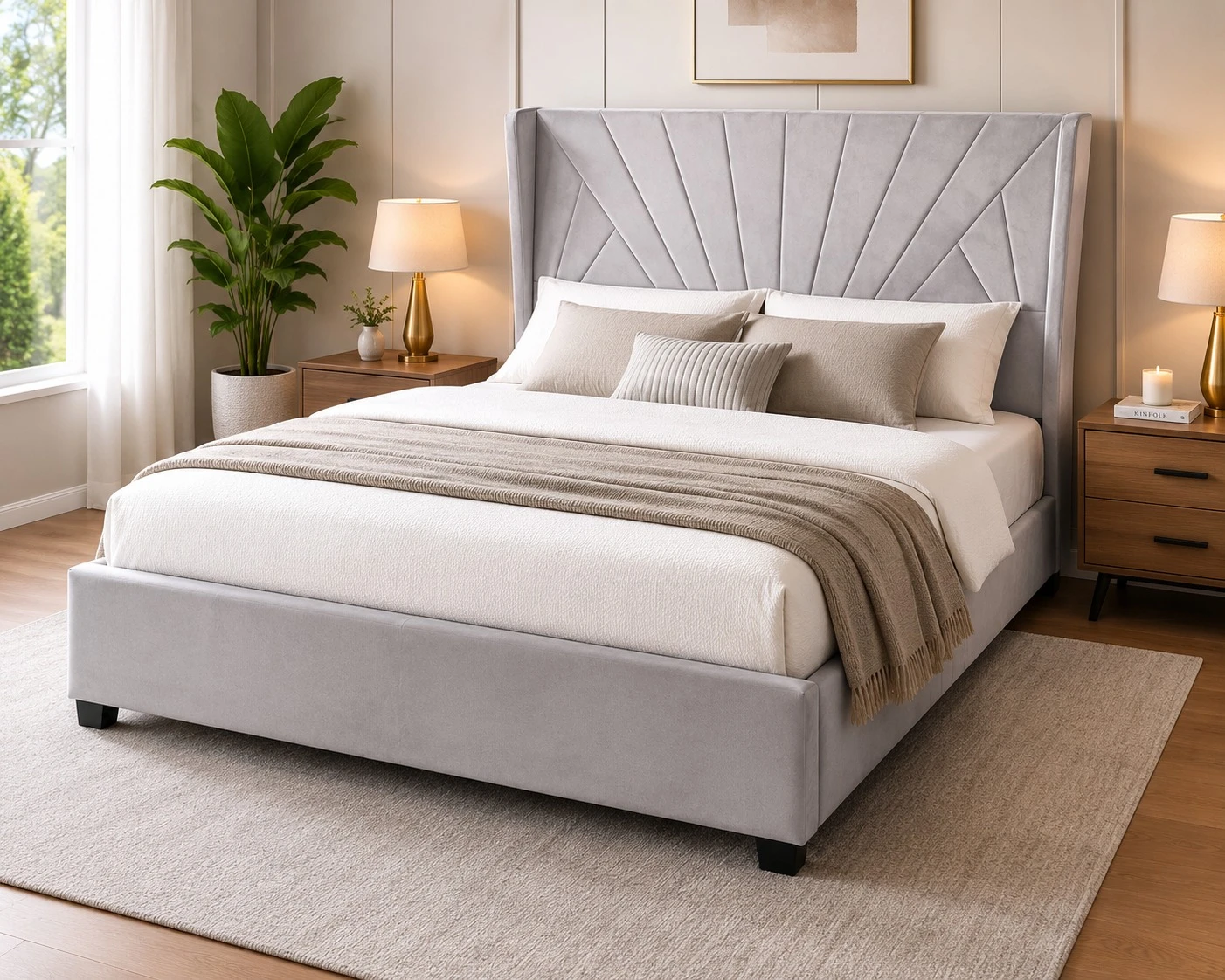 Grey Velvet Upholstered Bed Frame with Storage