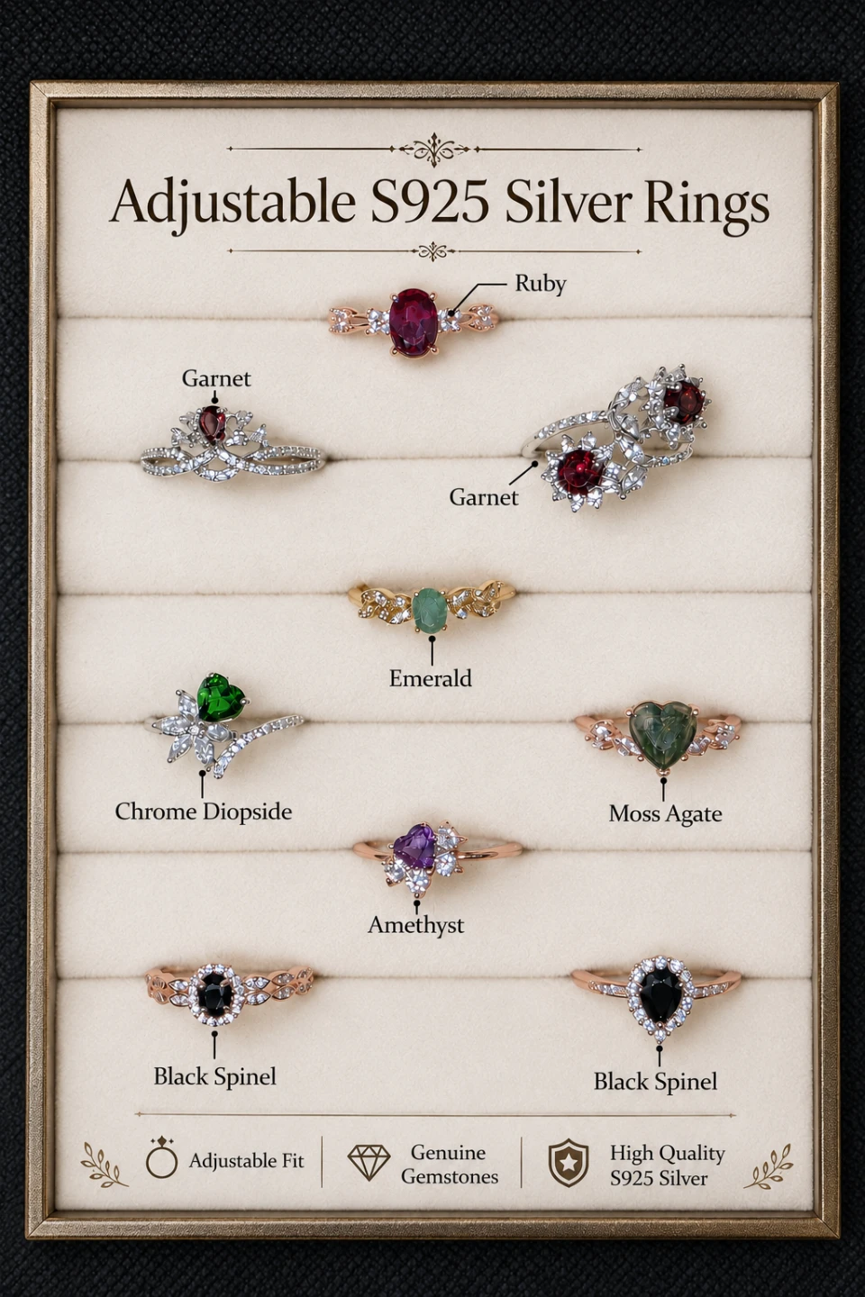 Adjustable S925 Silver Rings with Genuine Gemstones