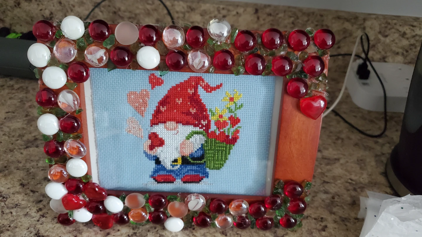 Handmade Gnome Cross-Stitch embellished Photo Frame