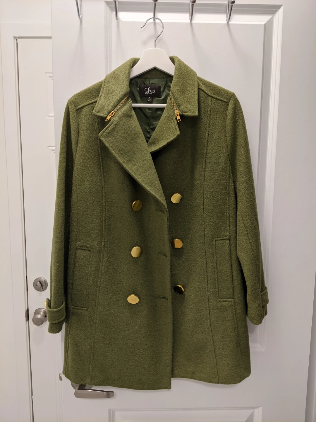 Luii Olive Green Wool Blend Pea Coat Gold Buttons Military Style