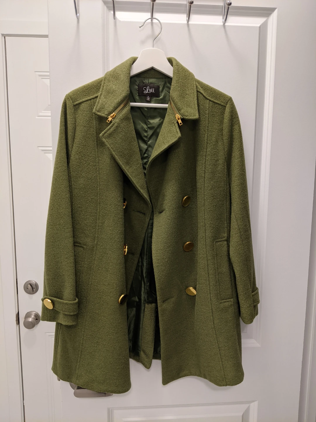 Luii Olive Green Wool Blend Pea Coat Gold Buttons Military Style - photo 2