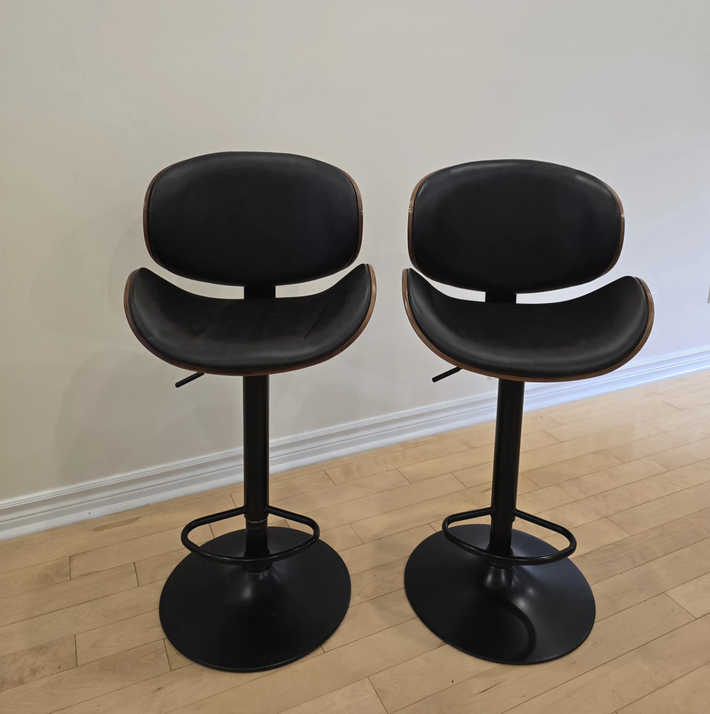 Set of 2 Black Adjustable Bar Stools with Wood Accent