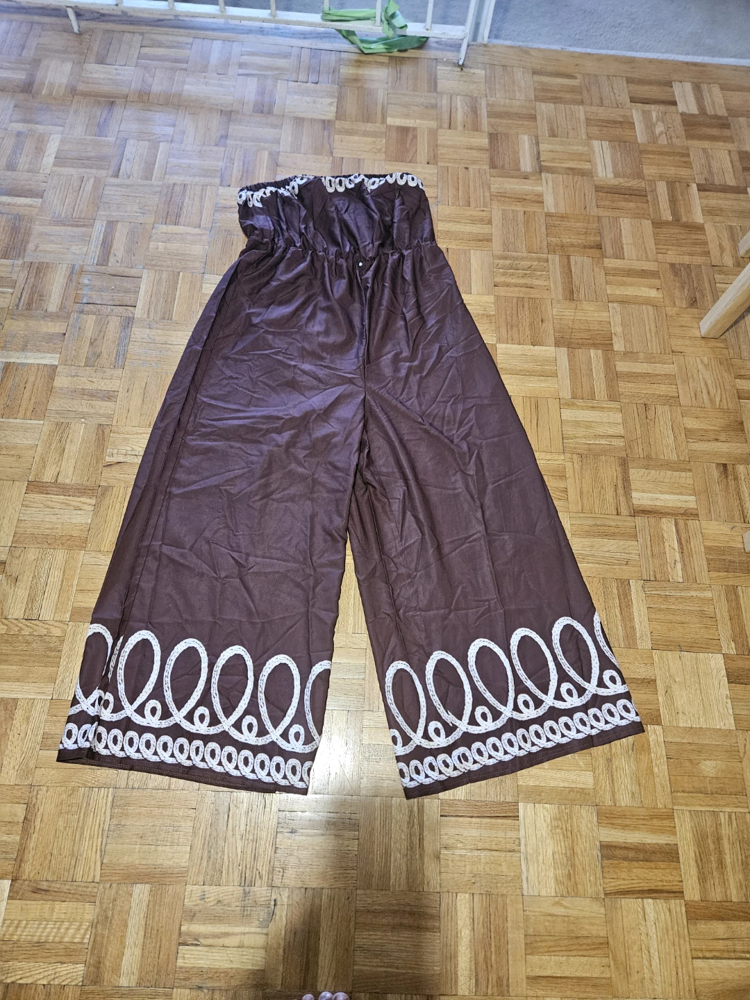 Brown Strapless Jumpsuit with White Embroidery