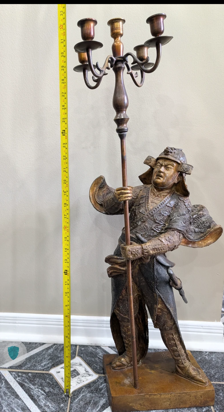 Antique Samurai Candlestick Holder Statue