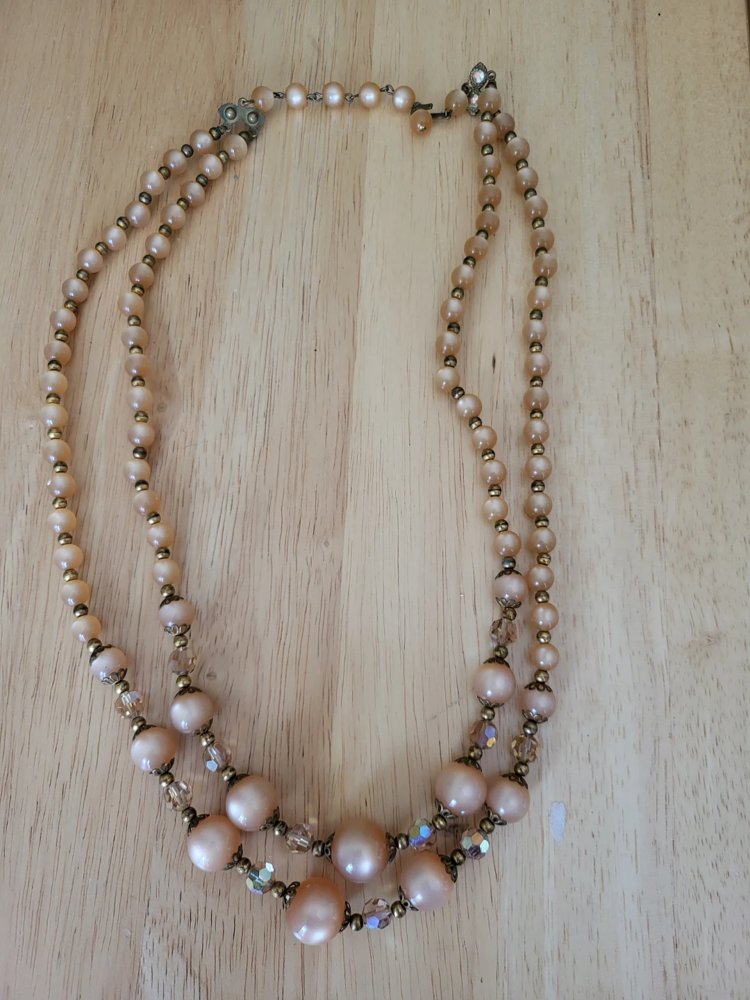 Vintage Peach Pearl and Crystal Necklace