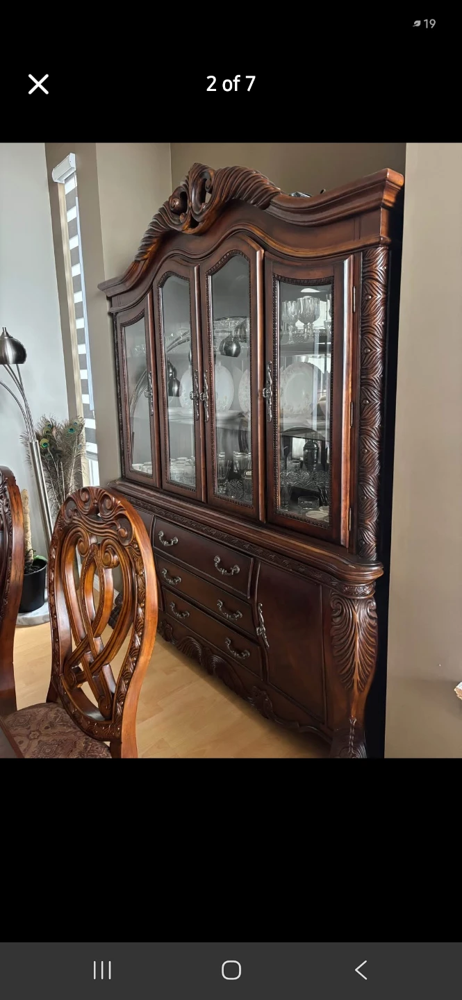 Ornate Wood Dining Hutch with Glass Doors