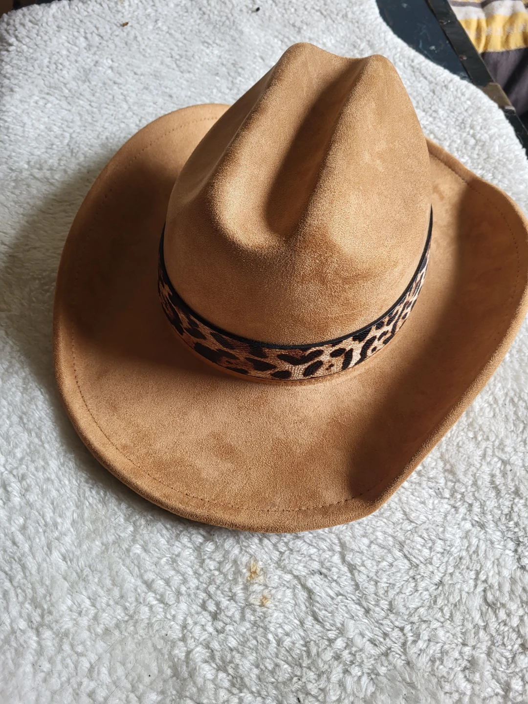 Tan Suede Cowboy Hat with Leopard Print Band